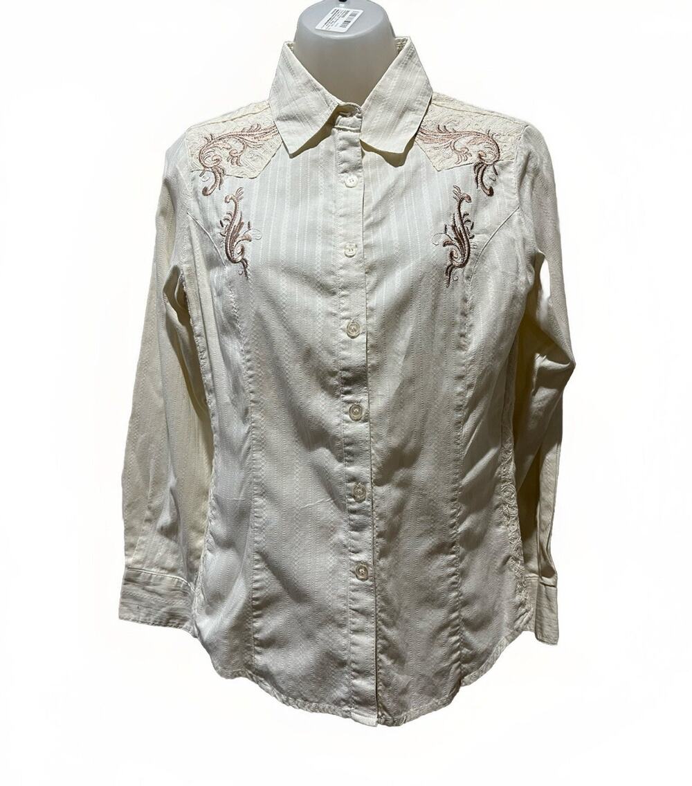 Reba Western Women’s S Beige Trucker Button Up Denim Embellished Collared
